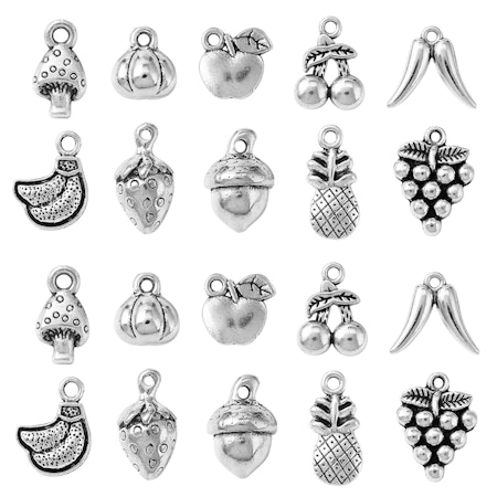 Berlocker med frukttema, antik silver (10st)