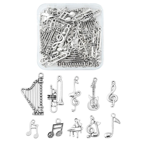 Berlocker med musikinstrument, antik silver (10st)