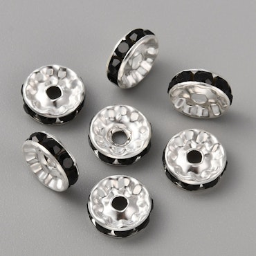 Strassrondell, 10mm, rak, grad A, silver med svart, blandmetall (20st)