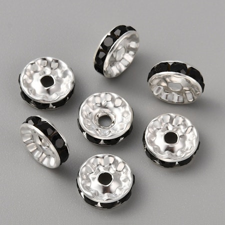 Strassrondell, 10mm, rak, grad A, silver med svart, blandmetall (20st)