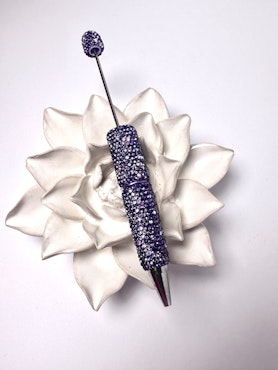 Pärla en penna, lila polymerlera med rhinestones, handgjord