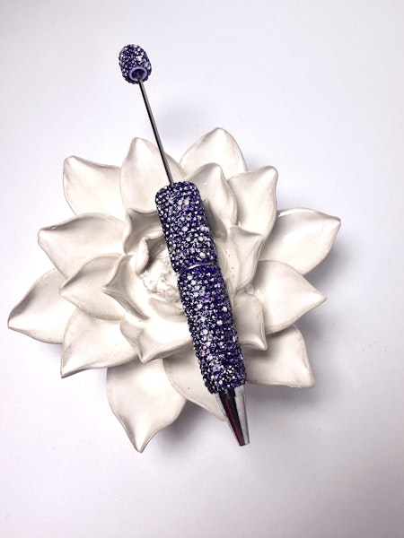 Pärla en penna, lila polymerlera med rhinestones, handgjord