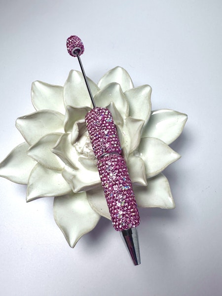 Pärla en penna, rosa polymerlera med rhinestones, handgjord