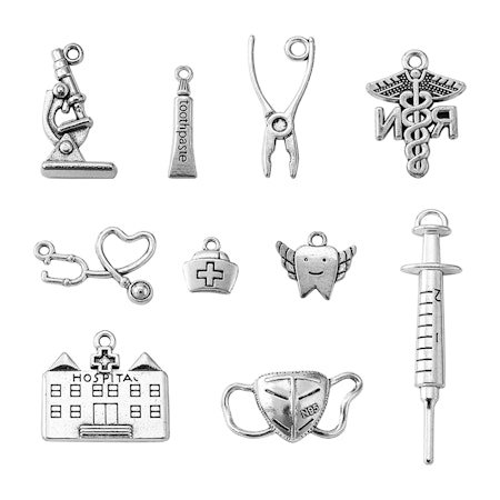 Berlocker av blandmetall, tema sjukvård, antik silver (10st)