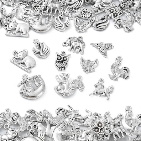Berlocker av blandmetall, tema djur, antik silver (10st)