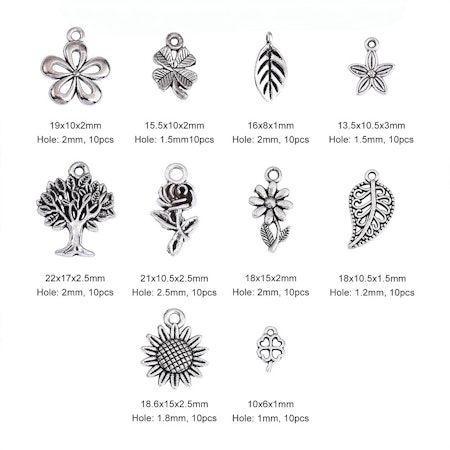 Berlocker av blandmetall, tema natur, antik silver (10st)