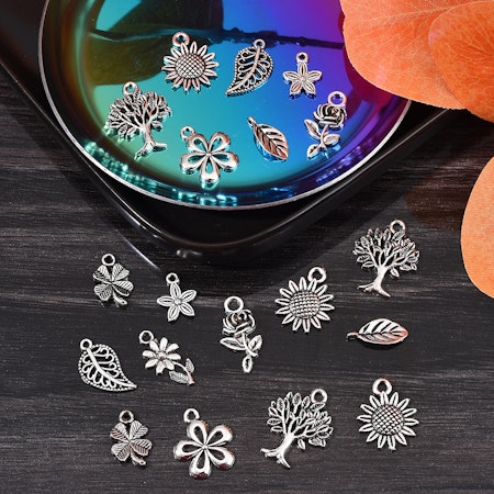 Berlocker av blandmetall, tema natur, antik silver (10st)
