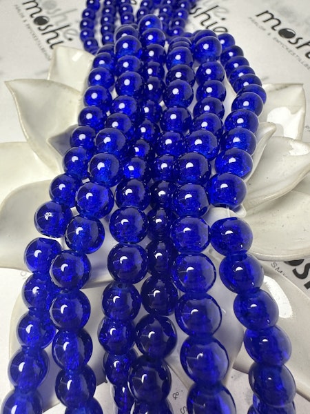 Sträng med krackelerade glaspärlor, royal blue, 8mm (100st)