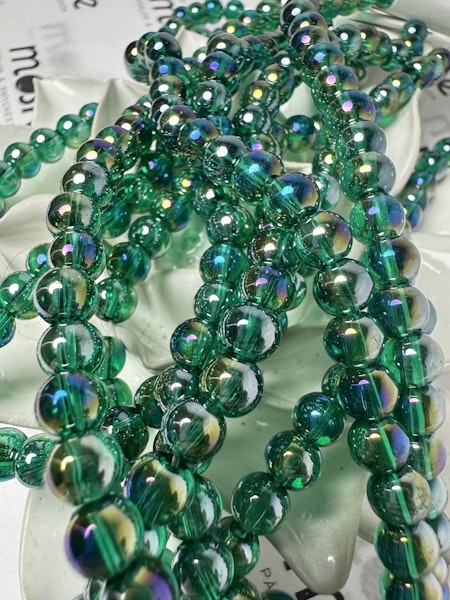 Sträng glaspärlor, elektropläterade AB-färgade, sea green, 6mm (70st)