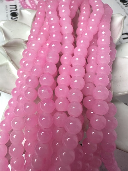 Sträng med glaspärlor, Jadeimitation, rosa, 6,5mm (144st)
