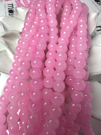 Sträng med glaspärlor, Jadeimitation, rosa, 6,5mm (144st)