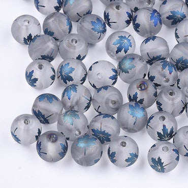 Frostade glaspärlor med löv, blue fall, 8mm (20st)