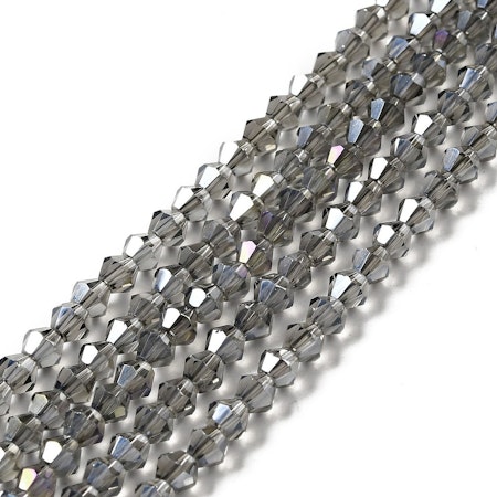 Sträng biconeslipade glaspärlor, grå 4mm (ca 85st)