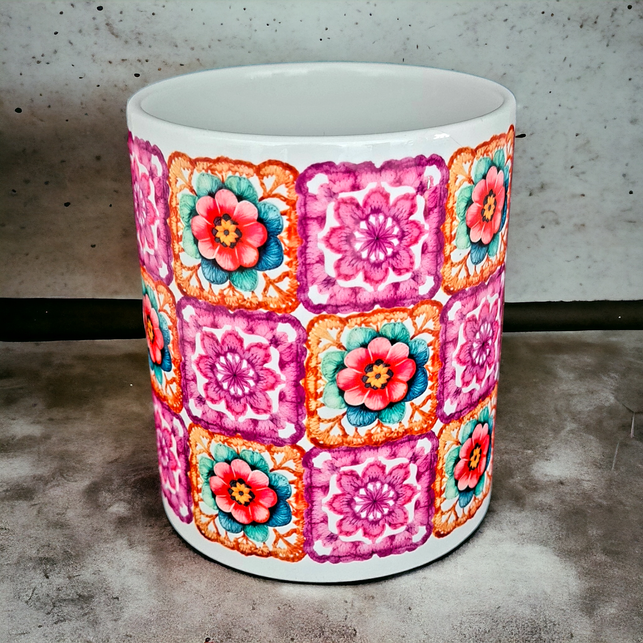 Mugg virkning handarbete mormorsrutor  - www.bellebi.se