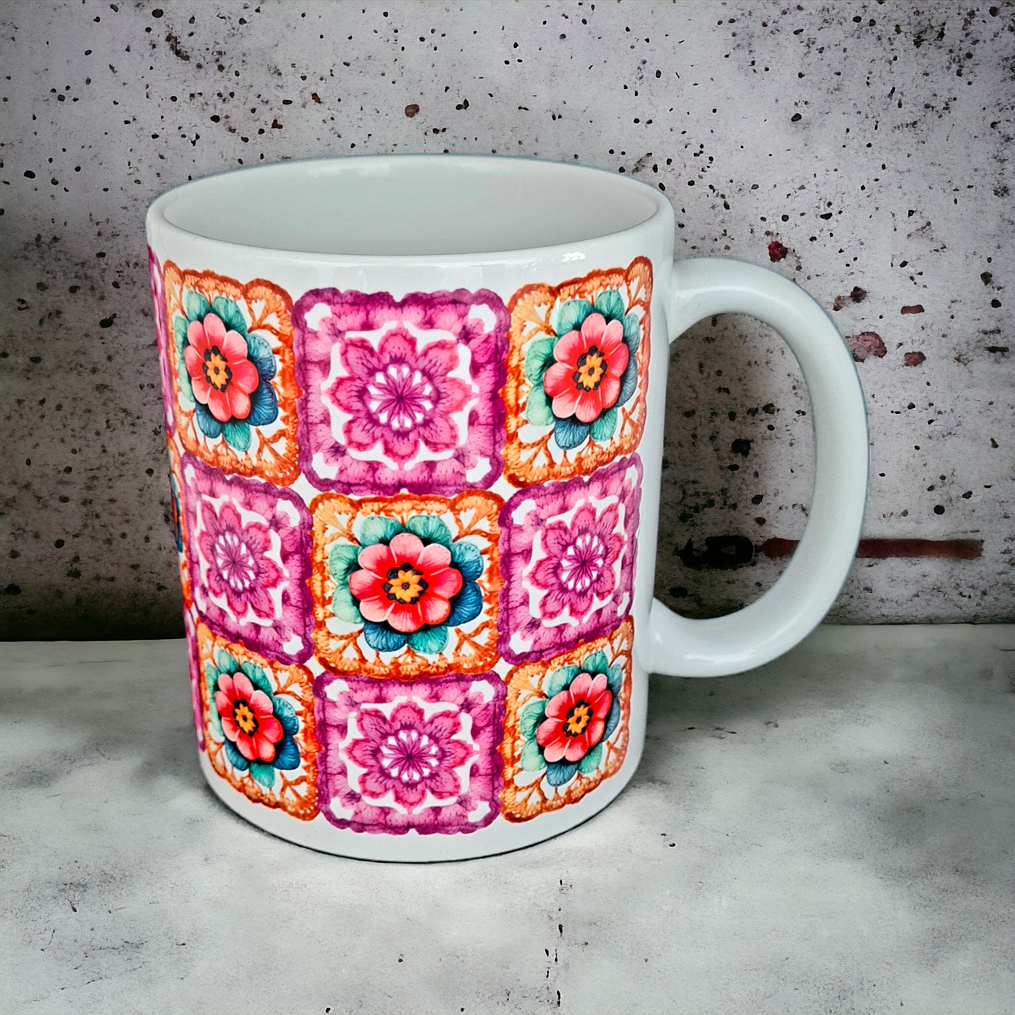 Mugg virkning handarbete mormorsrutor  - www.bellebi.se