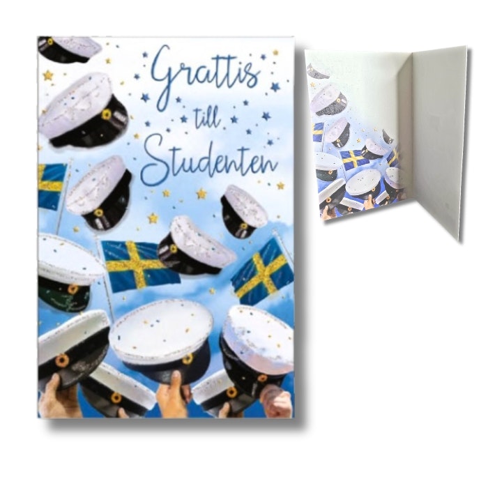 Dubbelkort med glitter, tryckt på miljövänligt papper med texten: "Grattis till Studenten"
