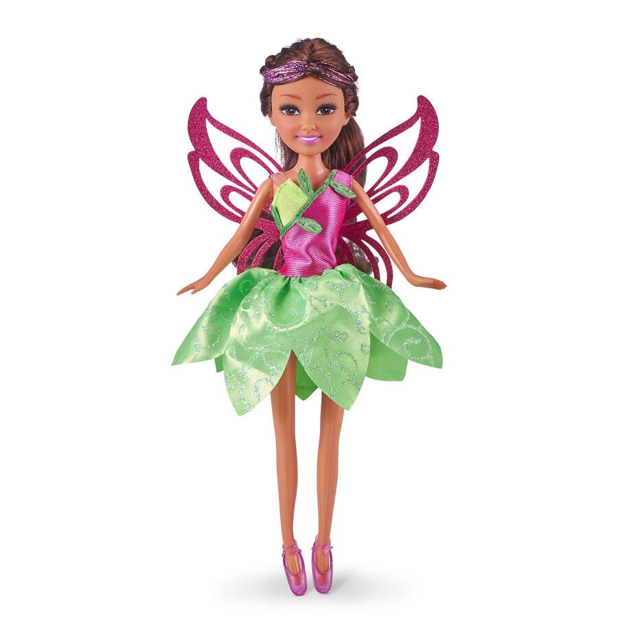 Sparkle Girlz - Älva, docka med grön rosa klänning och rosa skor och vingar. Dockan har brunt hår