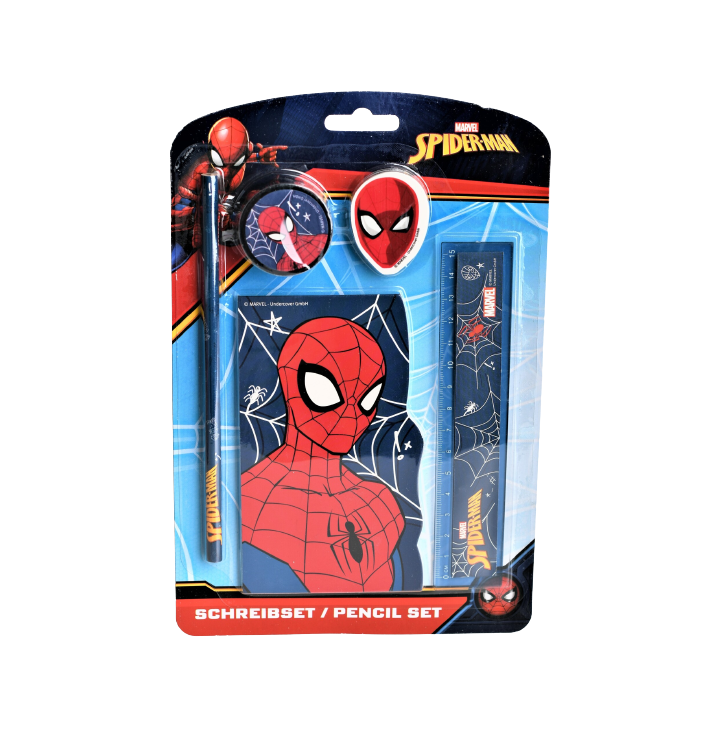 Marvel Spiderman skrivset! en penna, Ett suddgummi, en pennvässare, en anteckningsbok och en linjal