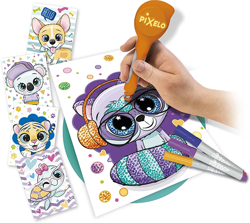 So Sweet är det ultimata setet för alla barn som vill uttrycka sig kreativt. Setet innehåller 1 Pixelo Bounce penna, 5 ritningar av bedårande djur och 4 färgmarkörer.