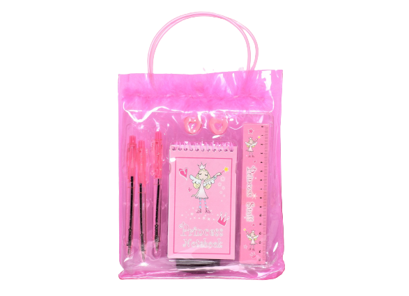 Liten rosa väska med lite fuskpäls fylld med 2 hårklämmor, 1 block, 3 pennor, 1 linjal med  prinsess motiv