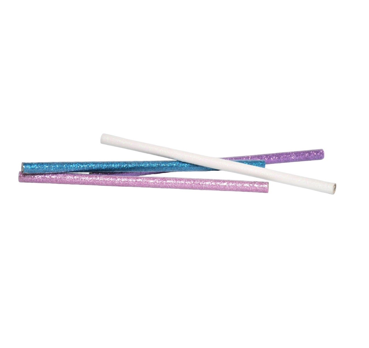 Glittriga blyertspennor i blått, vitt och lila