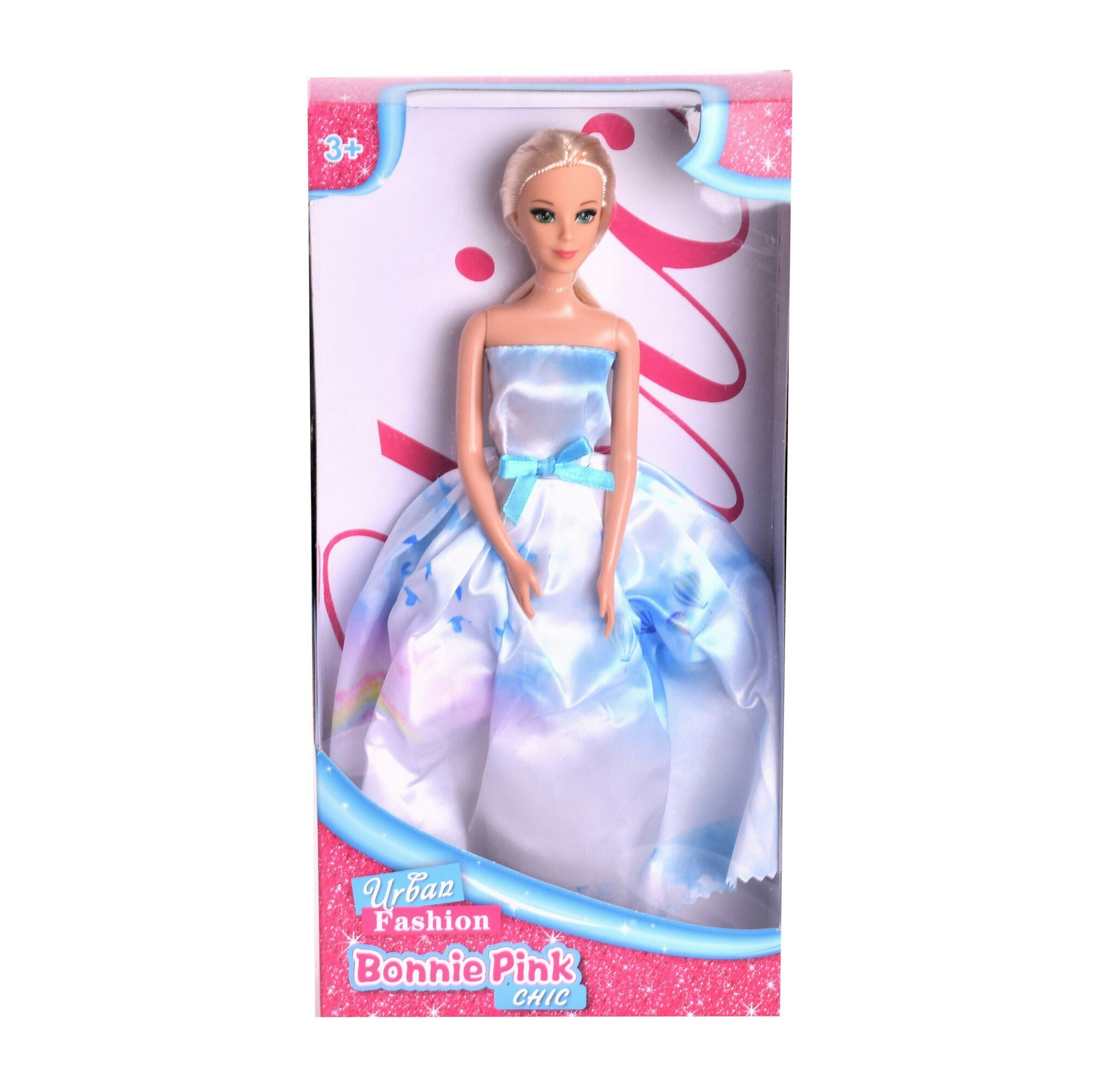 Blond docka med vit klänning som skiftar i blått men regnbåge, luftballonger och fåglar på