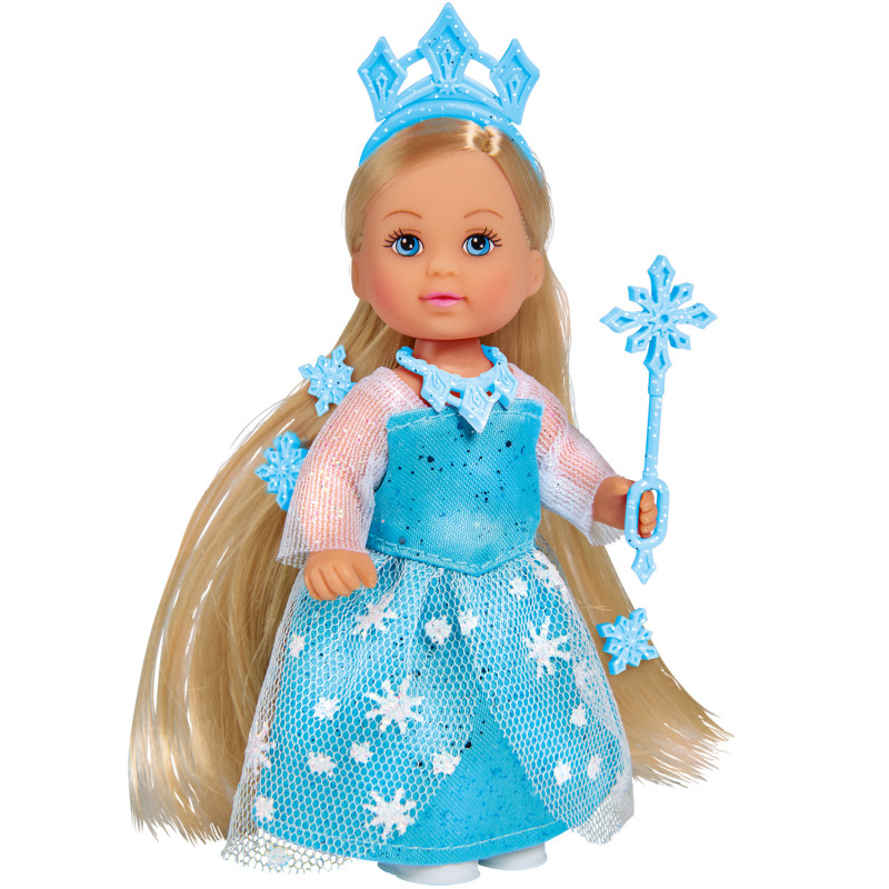 En isprinsessa med tiara, trollspö och andra så tillhörigheter, dockan är ca 12 cm och har samma isblåa färg på klänning som alla tillhörigheter