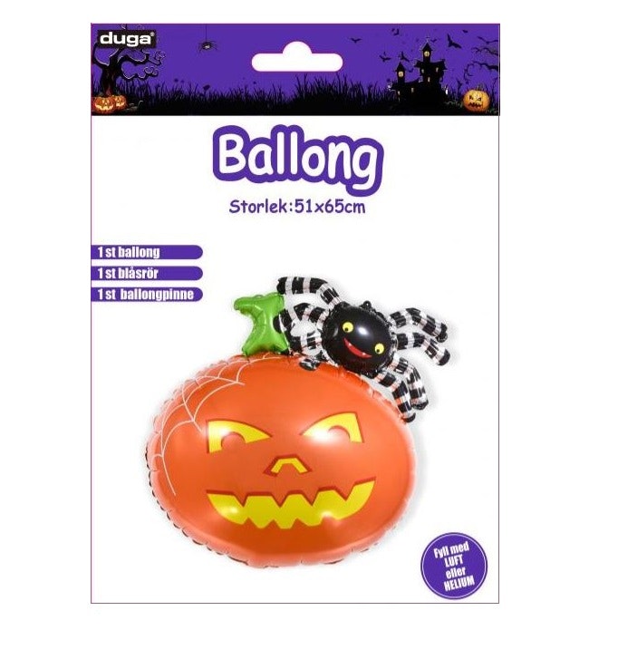 Folieballong att dekorerar din helloweenfest med, ballongen föreställer en orange pumpa med ansikte och på den sitter en svart /vit spindel