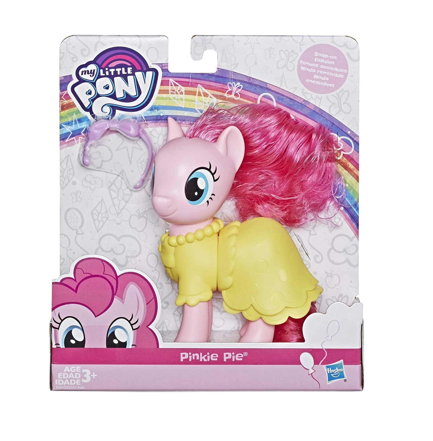 Större rosa ponny med rosa hår, Pinkie Pie med sin gula fina outfit och lila diadem