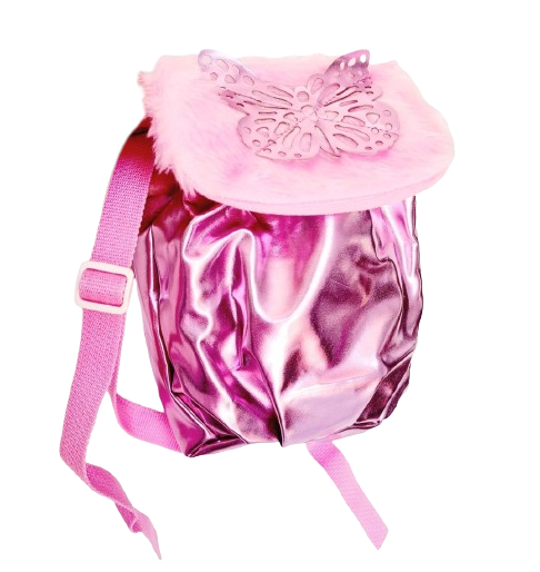 Skimrande rosa liten ryggsäck med fusk fjädrar runt locket som även pryds av en fjärill