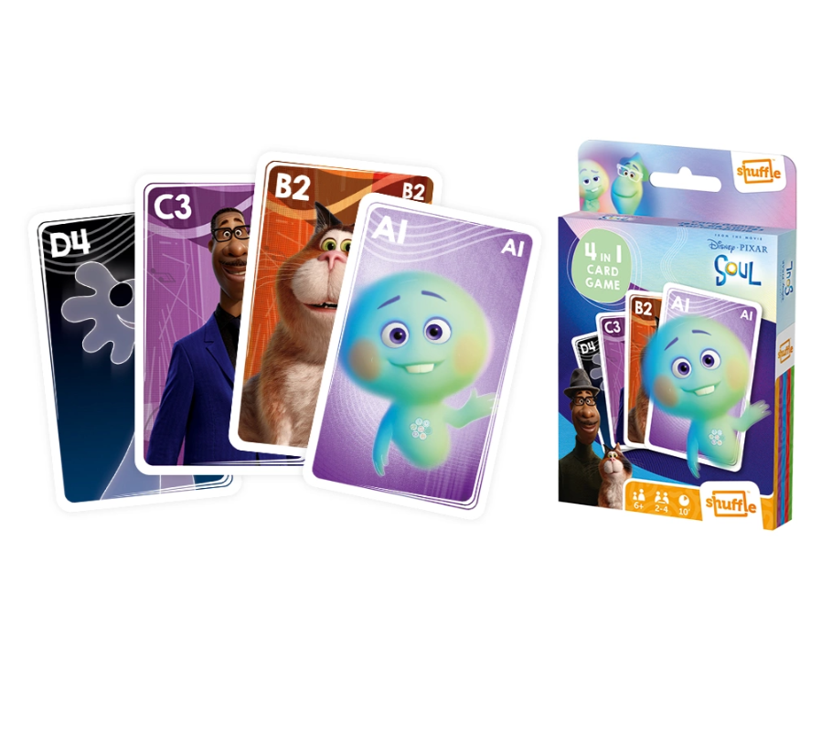Spela fyra olika kortspel, Kvartett, Actionspel, Memory och Snap med dina favoriter från Disney Pixars Själen.