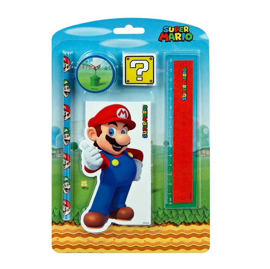 Linjal, suddgummi, pennvässare, penna och block md Mario som motiv från Nintendo