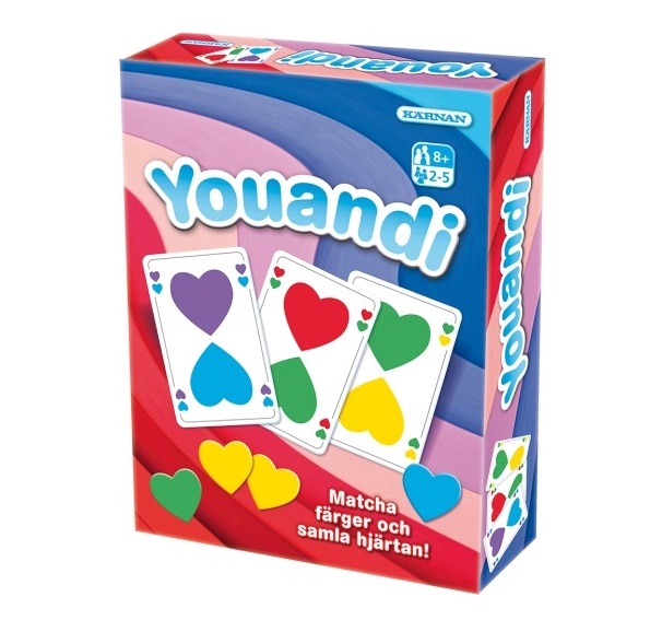 Youandi är ett roligt kortspel från Kärnan. Spela enkelt eller med taktik. Youandi är ett roligt kortspel där du lägger kort i färger och samlar på hjärtan, den som först får nio hjärtan vinner spelet