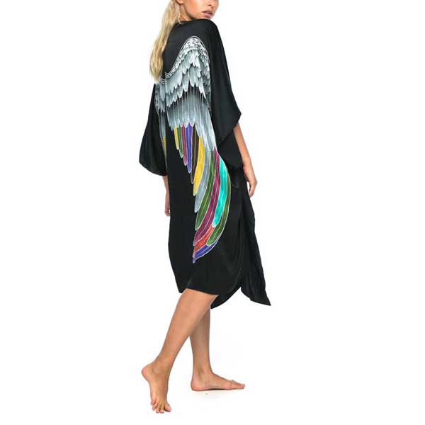 Luxe Silk Kimono Long Black Silver Warrior Wings - Warriors of the divine