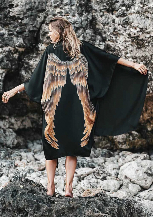Luxe silk kimono long "Black Caramel wings" - Warriors of the divine