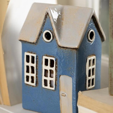Hus för värmeljus i keramik blå