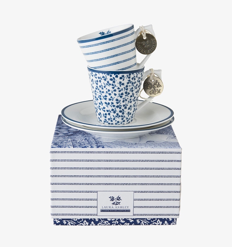 Laura Ashley  2-set Espresso kopp med fat - Floris & Candy stripe i presentbox