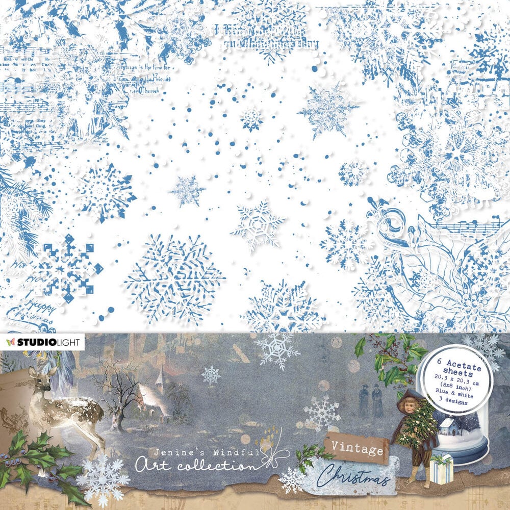 Vintage Christmas Acetate Sheets 8x8 Inch White & Blue