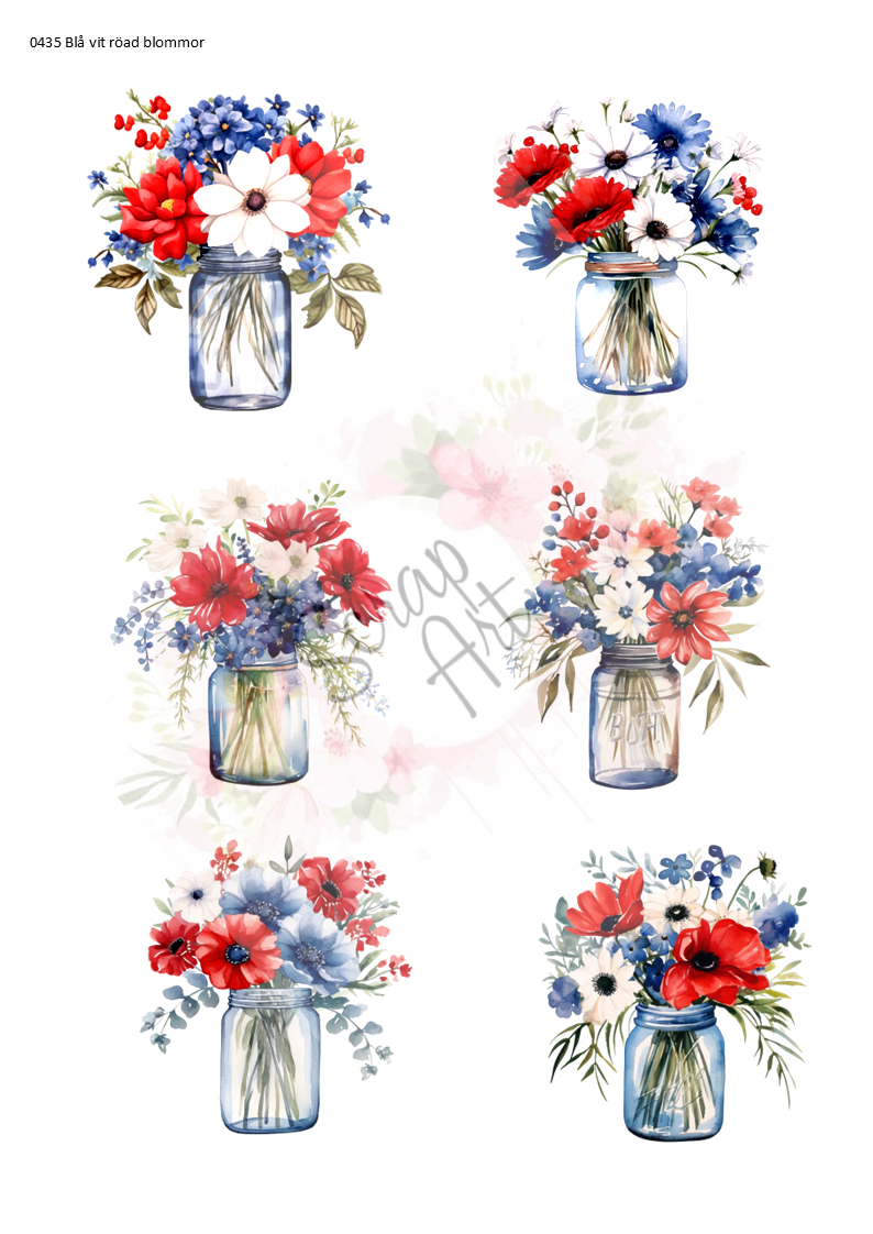 0435 Blå vit röda blommor