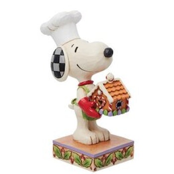 Snoopy som holder pepperkakehus