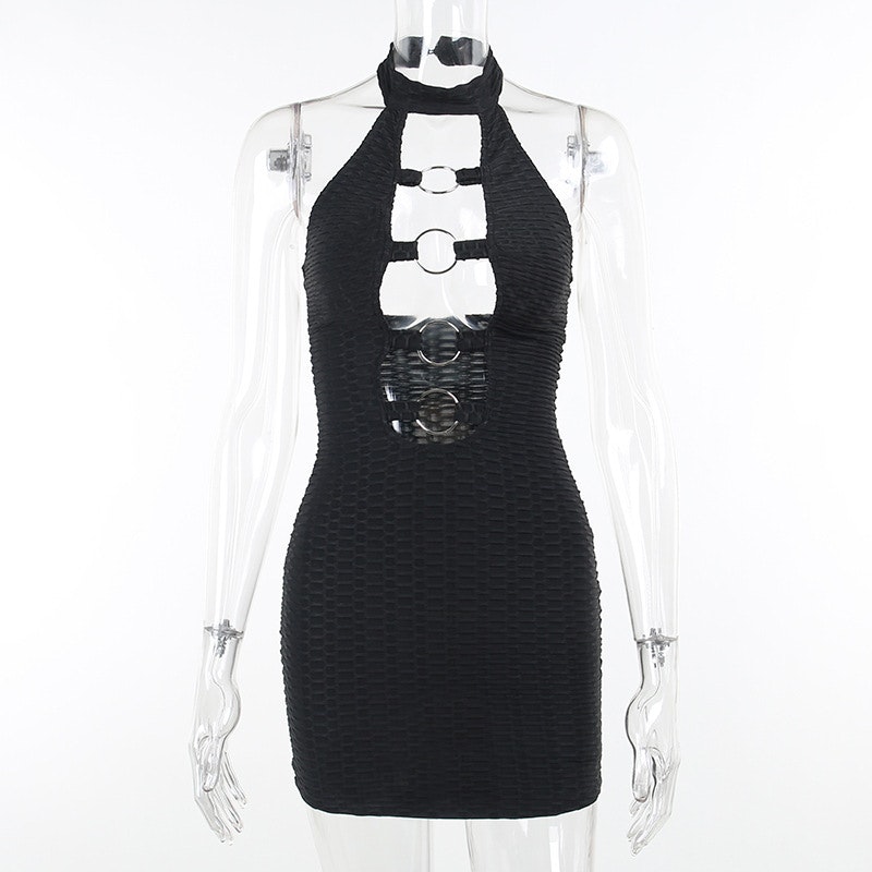 Mini stretchy dress with open bust and back in black