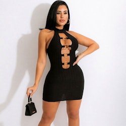 Mini stretchy dress with open bust and back in black
