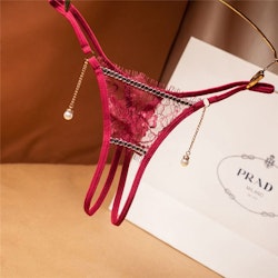 Thong With Open Crotch, Lace, Chain and Pearls