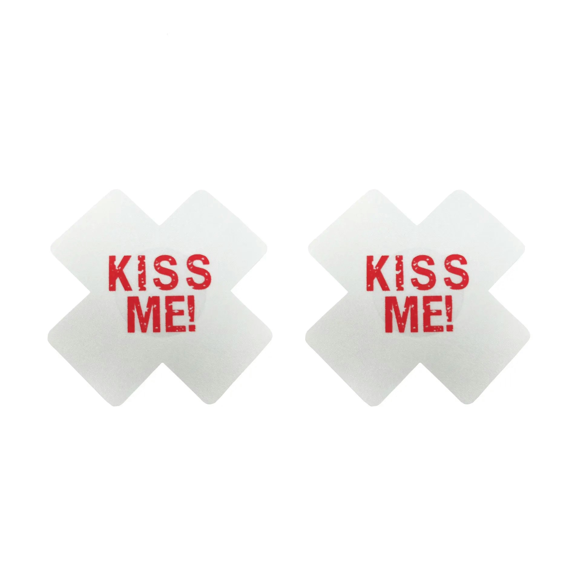 Bröstvårta Klistermärke - Kors - Vit & Röd färg. "KISS ME" text.