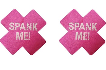 Cover for Nipples with text "SPANK ME" Cross - Pink &amp; White