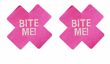Bröstsmycke klistermärke "BITE ME" X form - Rosa & Vit