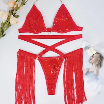 Dance Costume Set Bra and Panty with strips on the sides - Red