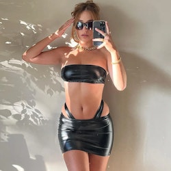 Sexy Tube Top & Hip Skirt Two Piece Set | Black PU leather