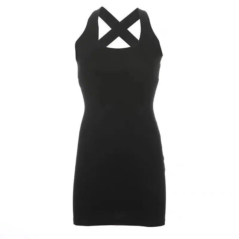 Sexy Cross Shoulder Strap Backless Black Tight Mini Dress