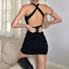 Sexy Cross Shoulder Strap Backless Black Tight Mini Dress